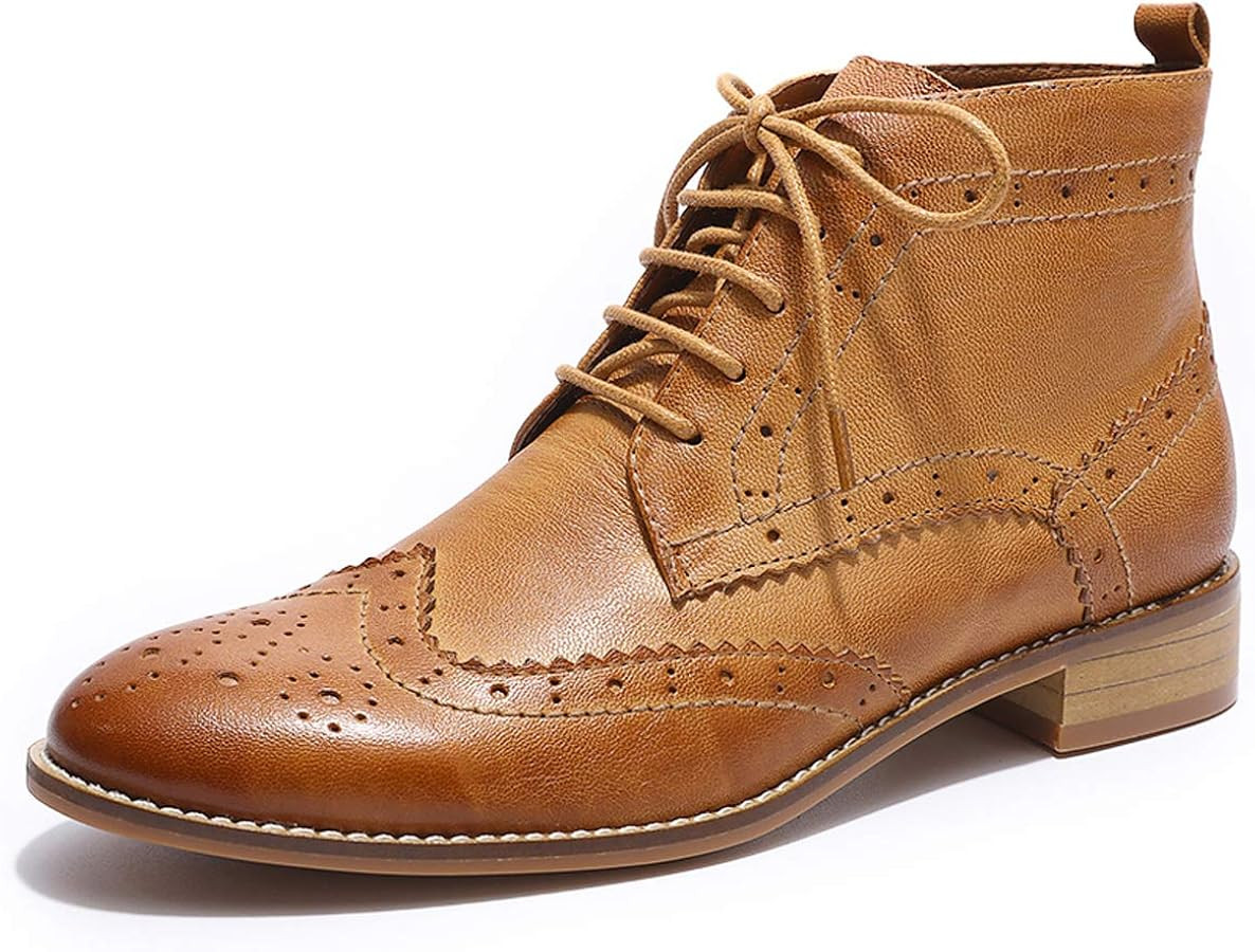 Mona flying Women's Comfort Leather Lace-up Oxfords Brogue Boots Ankle High Fashion Tie up Bootie... | Amazon (US)