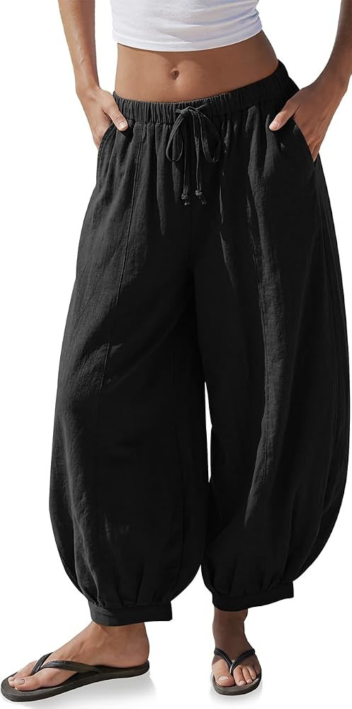 TARSE Women\u2019s Linen Balloon Pants Wide Leg Harem Palazzo Flowy Baggy Casual | Amazon (US)
