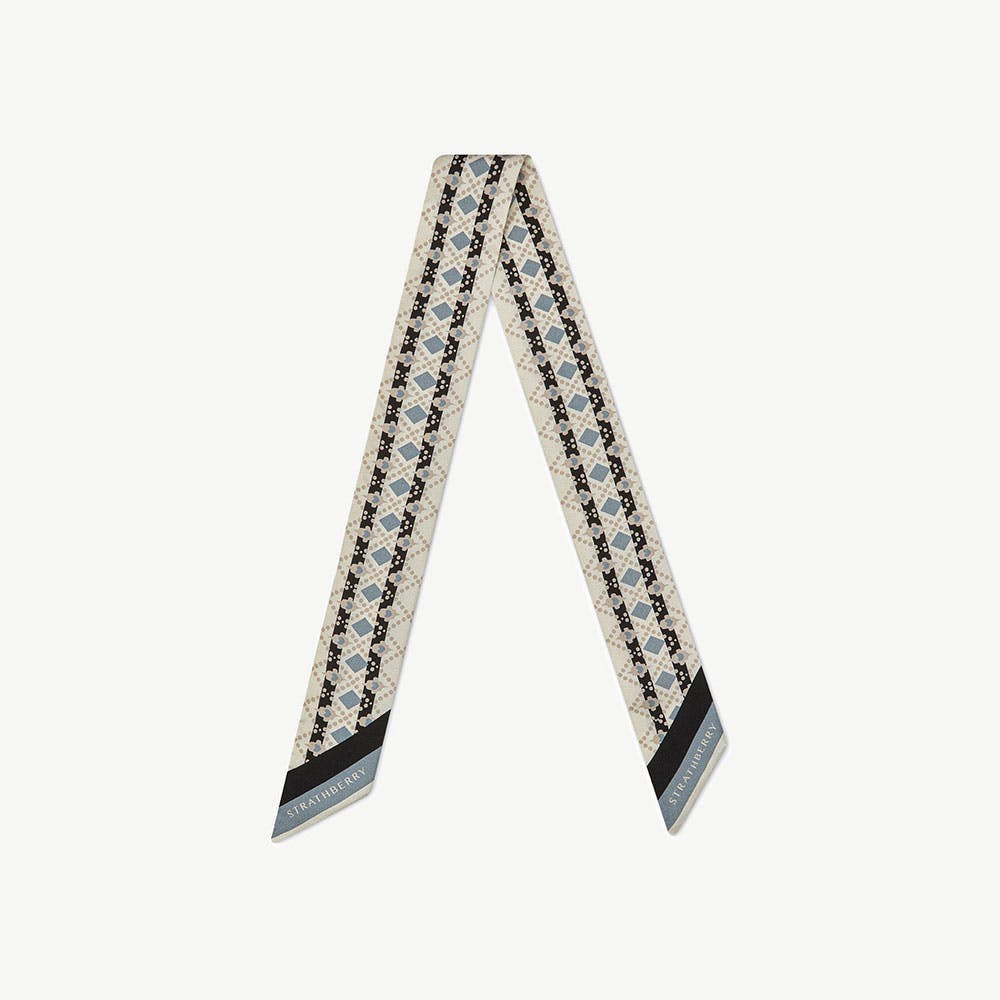 Strathberry - Silk Skinny Scarf - White / Blue | Strathberry