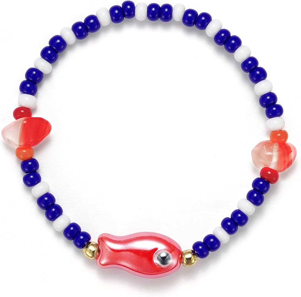 Agromusk Cute Fish Bracelet,14K Gold Blue and White Beaded Bracelet,Natural Stone Summer Beach Be... | Amazon (US)
