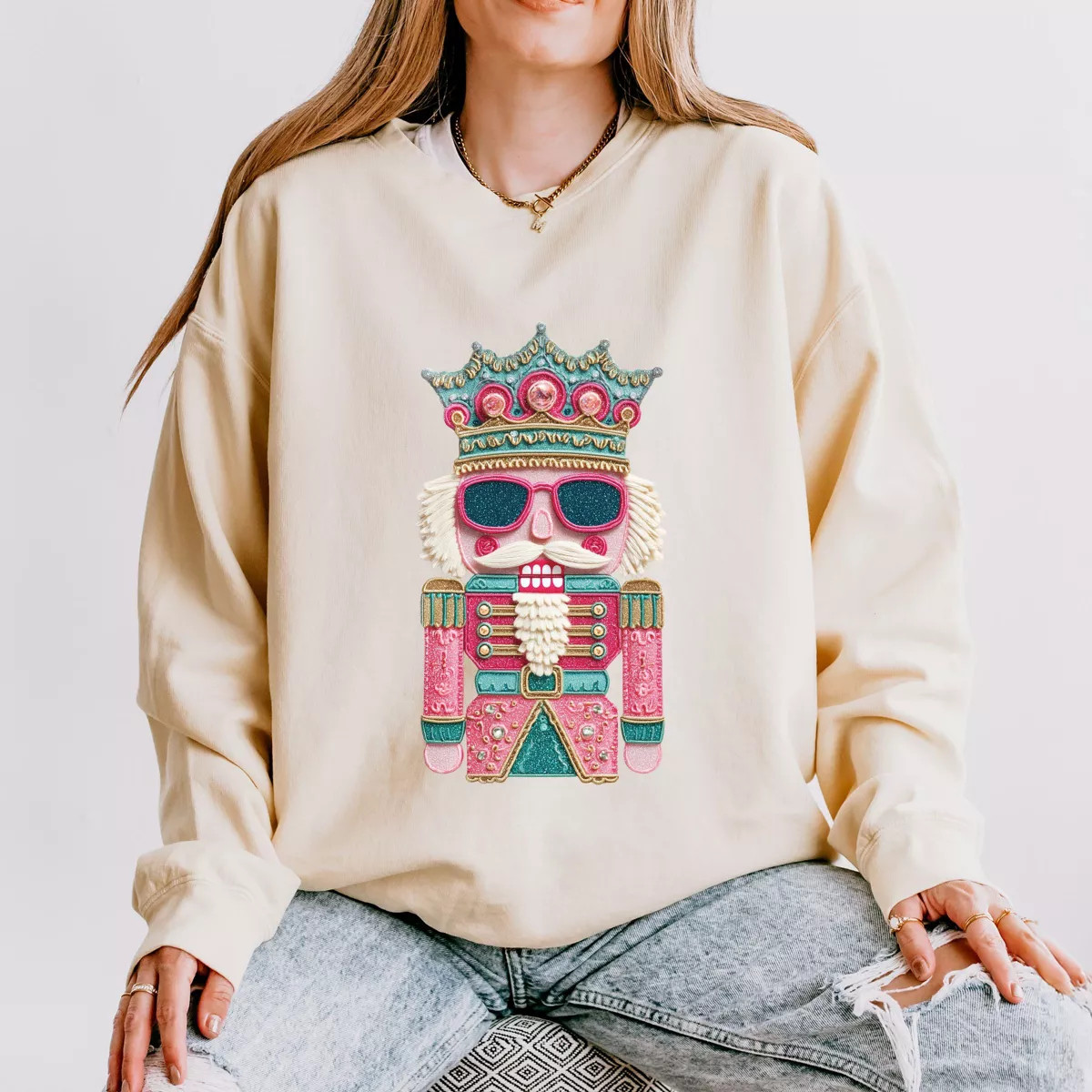 Pink and Teal Nutcracker Patchwork Print - Women's Lightweight Garment Dyed Sweatshirt | Target