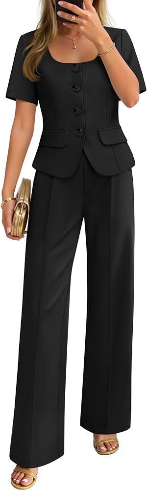 ZESICA Conjunto de trajes de dos piezas de verano para mujer, blazer de manga corta, pantalones d... | Amazon (US)