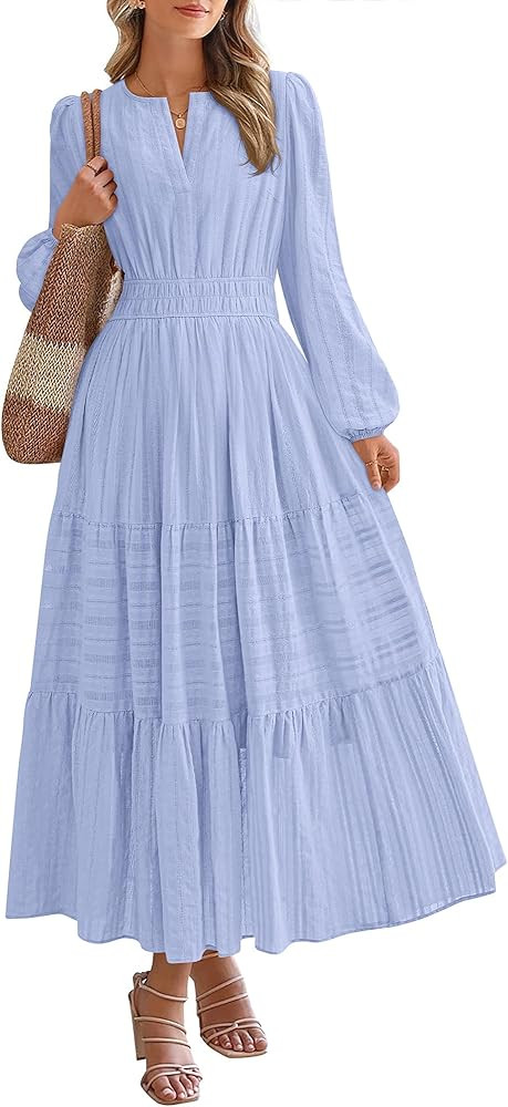 BTFBM Fall Dresses for Women 2025 Casual Long Sleeve V Neck Elastic Waist Lightweight Maxi Weddin... | Amazon (US)