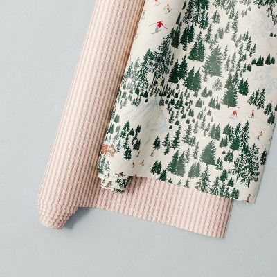 2pk Winter Ski Scene & Tick Stripe Premium Gift Wrap - Hearth & Hand™ with Magnolia | Target