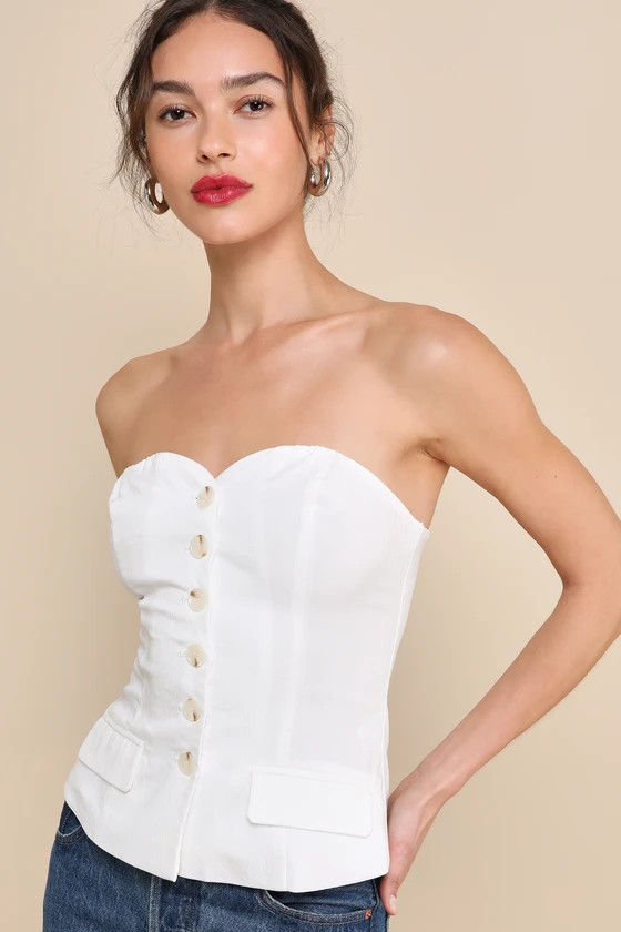 Flawlessly Preppy Ivory Strapless Button-Up Vest Top | Lulus