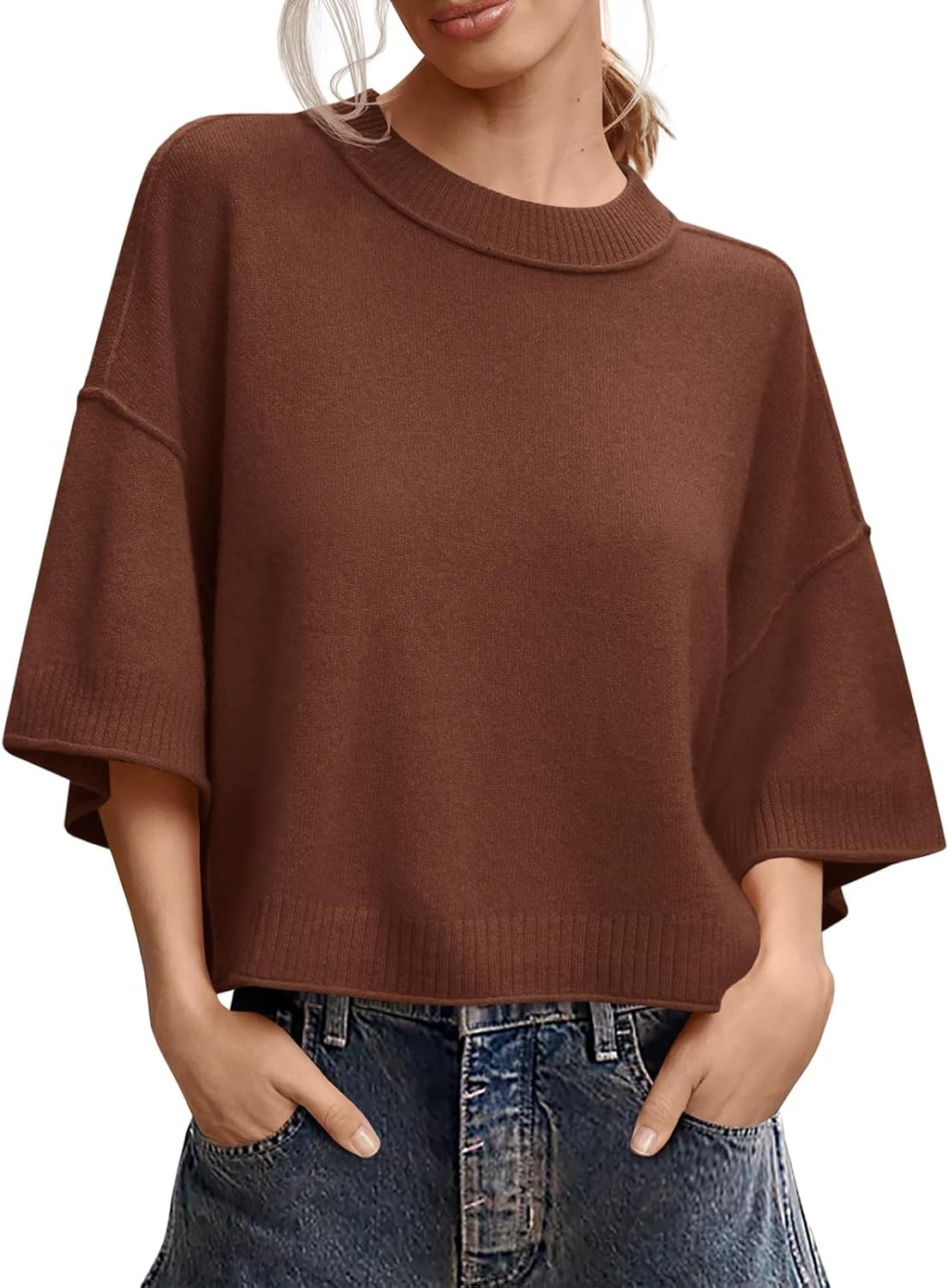 Saodimallsu Womens Short Sleeve Sweater Oversized Cropped Sweaters Knit Top | Amazon (US)
