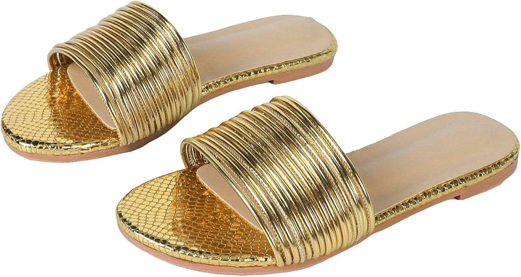 GORGLITTER Women's Summer Metallic Flats Sandal Dressy Cute Open Toe Slipper Slip on Slide Beach ... | Amazon (US)