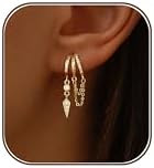 Dangle Earrings for Women,14k Gold Plated Triple Huggie Stud Earrings Cute Statement Chain Earrin... | Amazon (US)