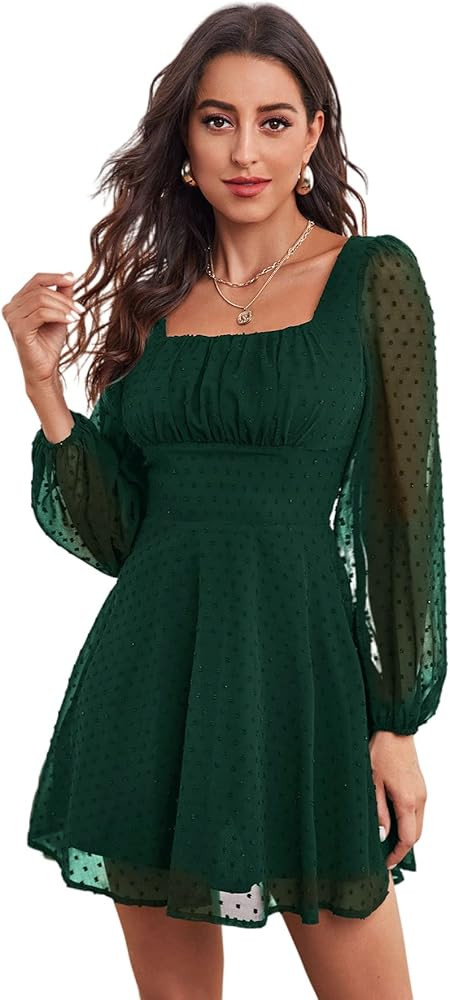 WDIRARA Women's Polka Dots Mesh Square Neck Bishop Sleeve Chiffon Dress | Amazon (US)