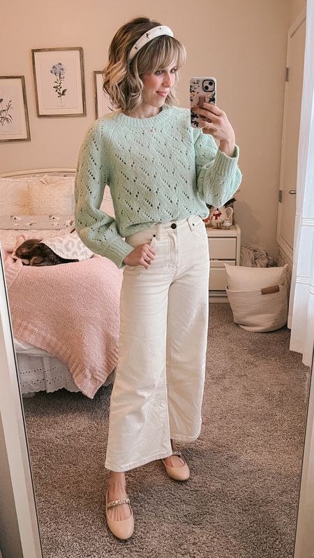 Winter ootd, white wide leg jeans, wide leg jeans outfit, Mary Jane flats, green sweater, green cable knit sweater, Kate spade headband

#LTKsalealert #LTKstyletip #LTKshoecrush