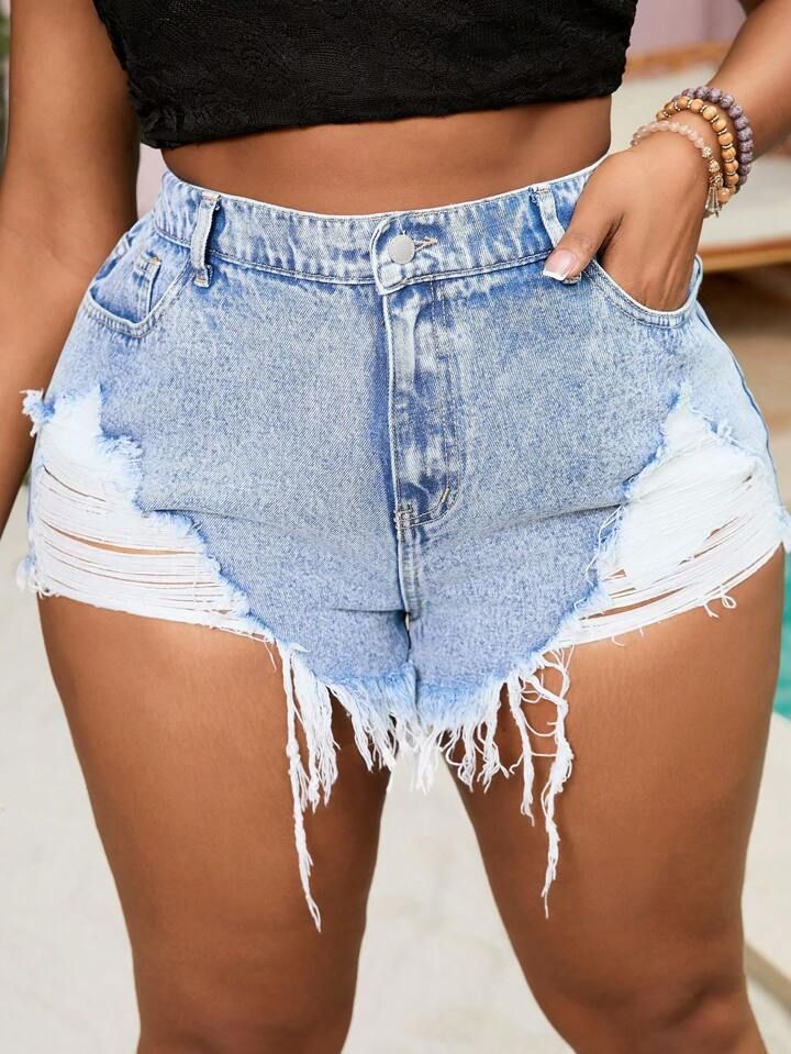 SHEIN VCAY Plus Size Denim Shorts, Casual, Sexy, Ripped Hem, Frayed Edges, Blue, Summer | SHEIN