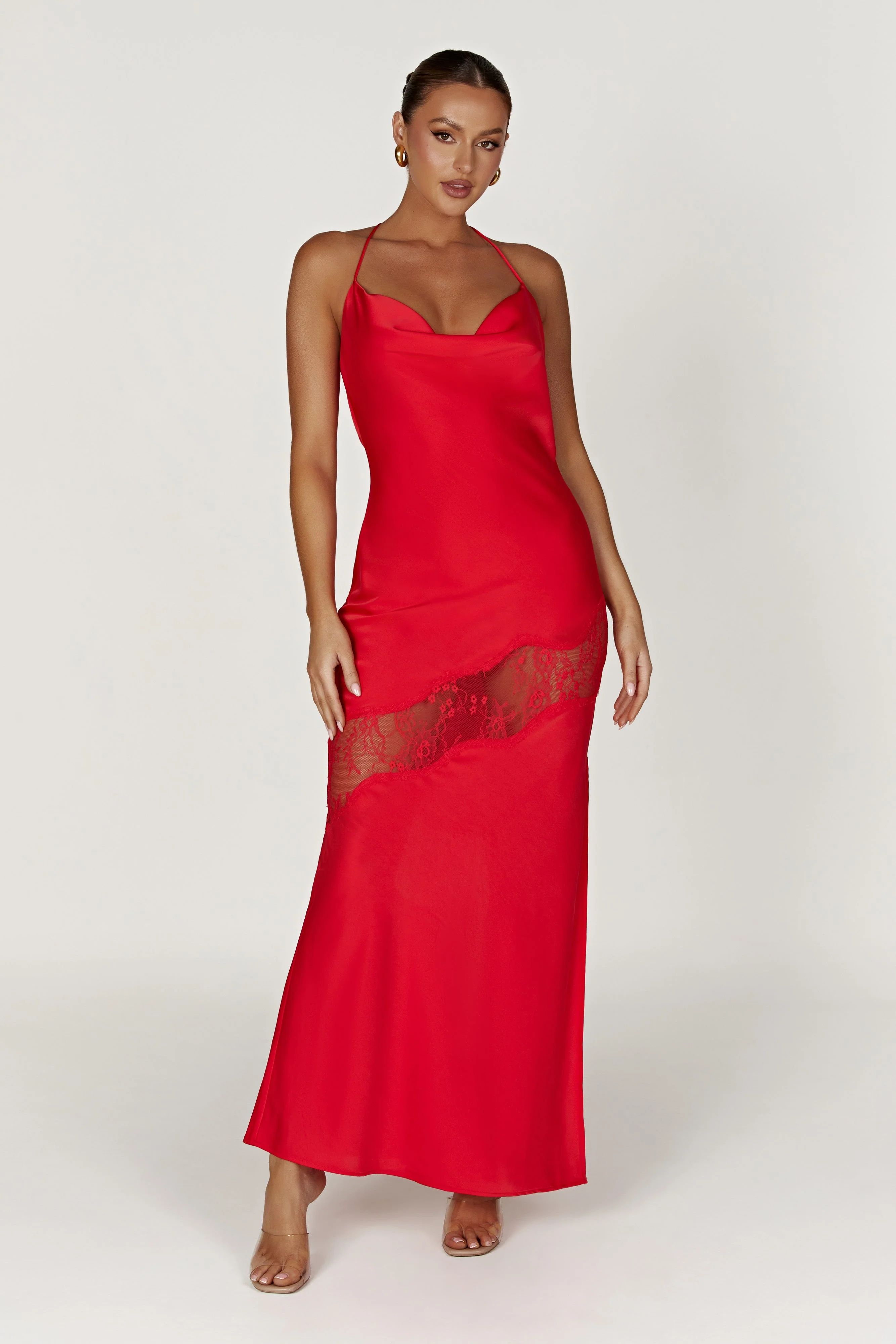 Chandra Lace Detail Satin Maxi Dress - Red | MESHKI US