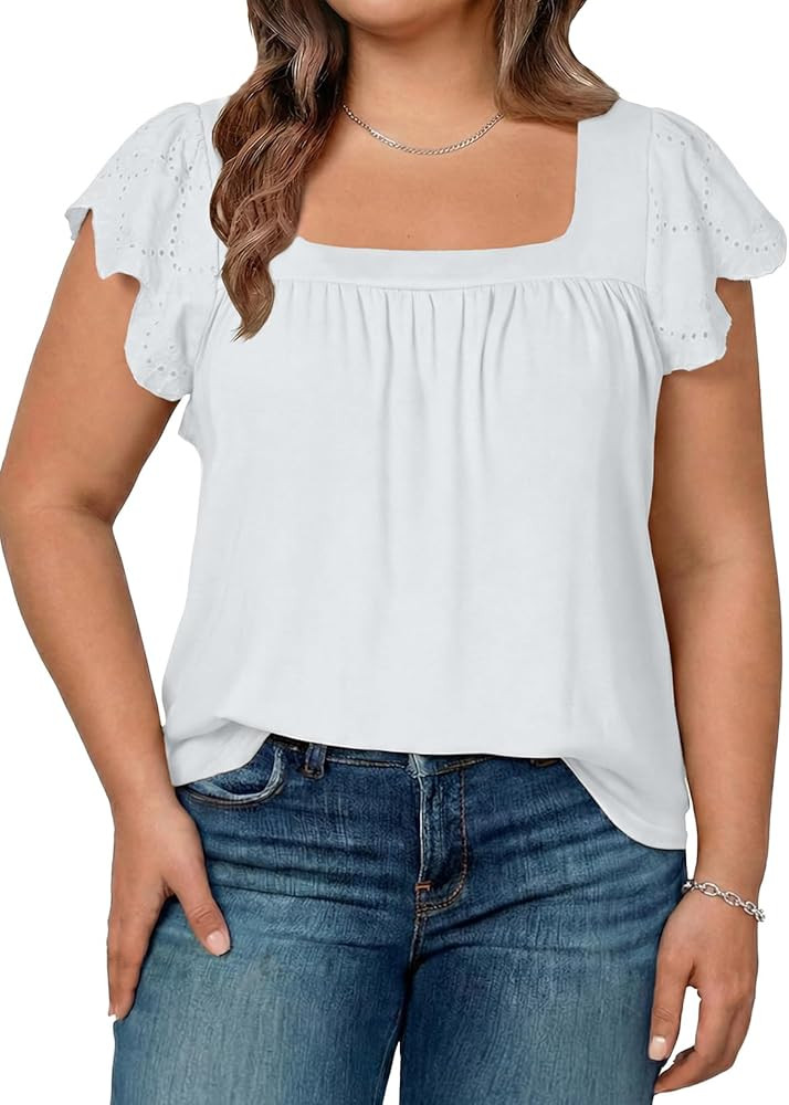 Eytino Womens Plus Size Shirts Casual Square Neck Lace Short Sleeve Summer Loose Fit Tunic Tops,2... | Amazon (US)