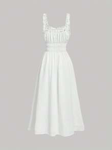 SHEIN MOD Solid Ruched Bust Frill Trim Cami Dress,Sun Dress,Summer Dresses For Women,White Gradua... | SHEIN