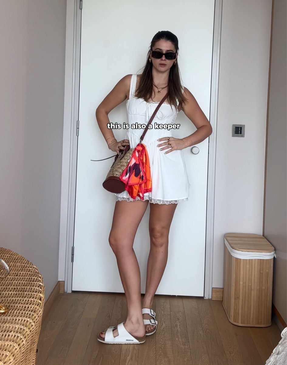 white milk maid mini dress white corset country girl float square neck lace dress, white Birkenstock Arizona sandal, cross bossy raffia bag mango woven, pink patterned neck chief scarf & other stories sunglasses tortoise shell brown holiday outfits Barcelona euro summer 

#LTKsummer #LTKeurope #LTKstyletip