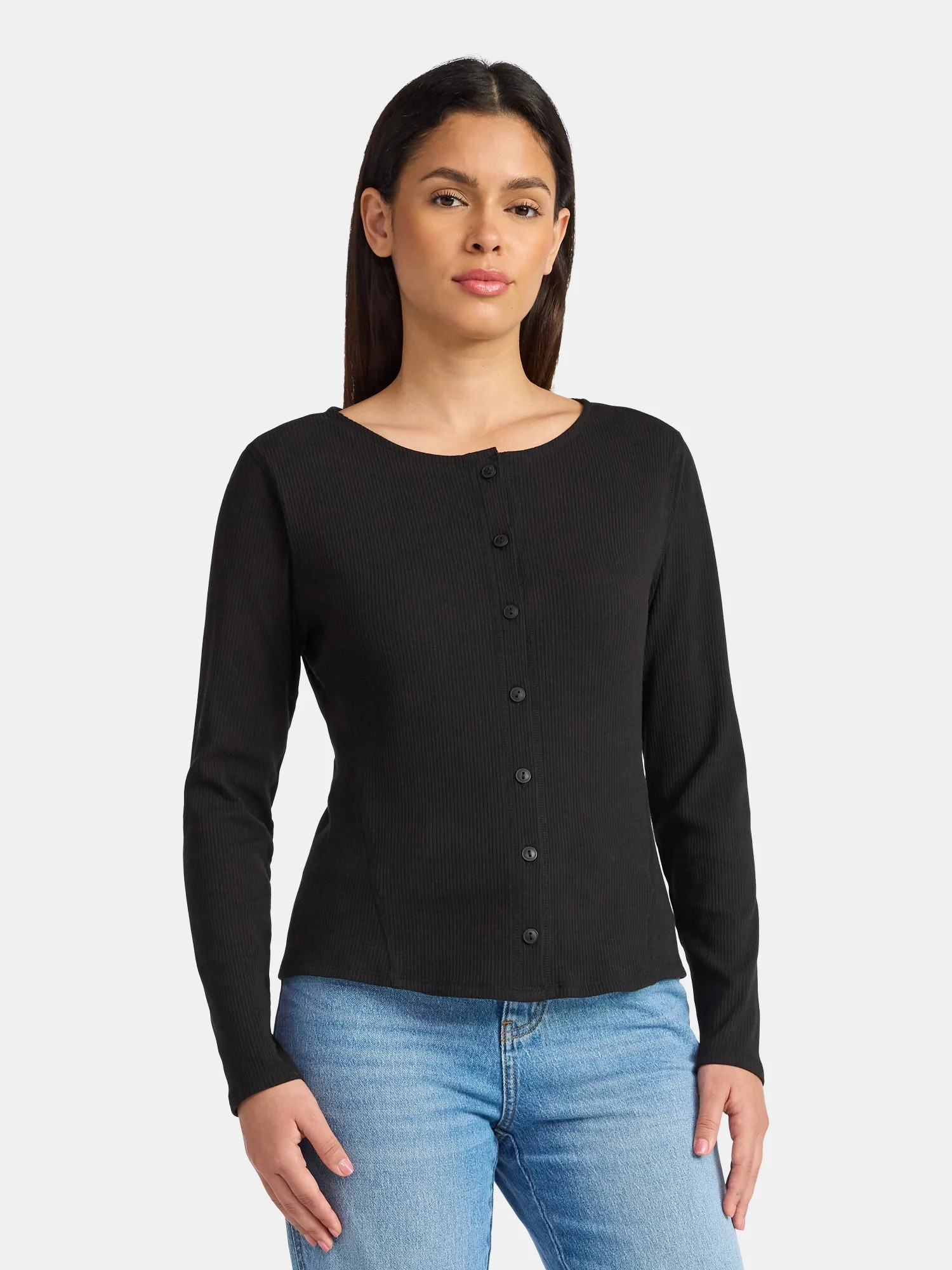 Time and Tru Women's Ribbed Knit Button Front Top, Sizes XS-XXXL | Walmart (US)