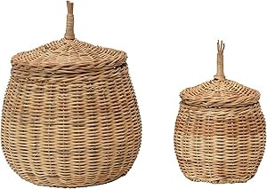 Creative Co-Op Hand-Woven Wicker Baskets with Lids, Set of 2 Canister, Natural, 2 | Amazon (US)