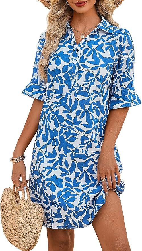 FENSACE Womens Casual Shirt Dress Ruffle Sleeve Button Down Shift Summer Dresses with Pockets | Amazon (US)