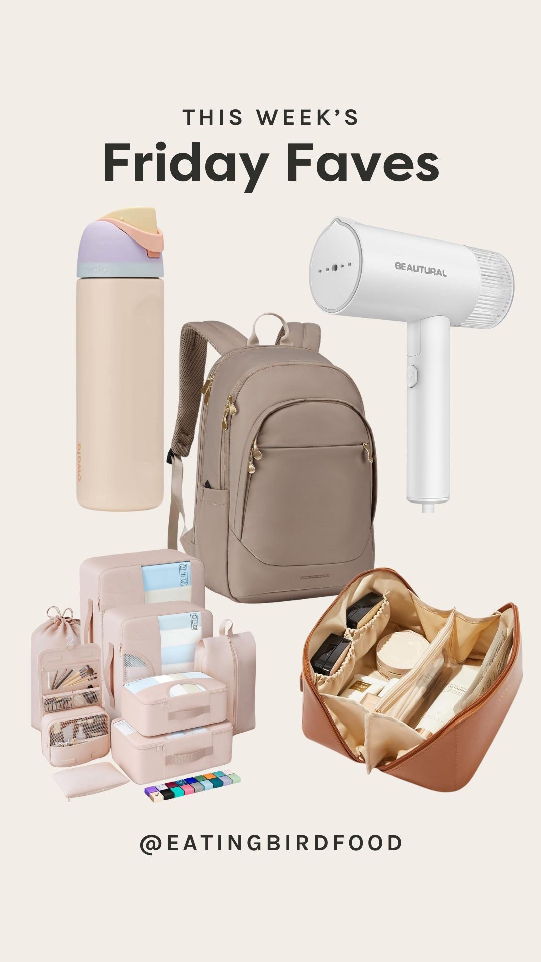 Friday faves ✈️
1️⃣   The 24oz size is perfect for travel days — fits in your cup holder, backpack, or carry-on with no leaks. I love the flip straw design and how cold it keeps water. I have it in pink, but the Shady Shores color is so good too!
2️⃣ No more wrinkled outfits while traveling! This compact steamer heats up quickly and is super easy to pack — perfect for touching up dresses, blouses, or anything that’s been folded in a suitcase too long. Great for weddings or work trips!
3️⃣ I will never travel without these anymore! Packing cubes make it so much easier to stay organized — they keep items grouped together and make unpacking a breeze. I love that this set is lightweight and comes with multiple sizes. Plus they’re under $20!
4️⃣ This makeup/cosmetic case is a total game changer — super roomy, structured, and comes with adjustable dividers to keep everything in place. It makes getting ready on the go so much easier. Under $25 and comes in a ton of colors and patterns. 
5️⃣ This backpack is the MVP of travel bags — it fits under the seat, has tons of pockets, a laptop sleeve, and even a strap to slide over your suitcase handle. I’ve been using it for weekend trips and flights, and it holds SO much without feeling bulky.

#LTKTravel #LTKSummerEdit #LTKBeauty