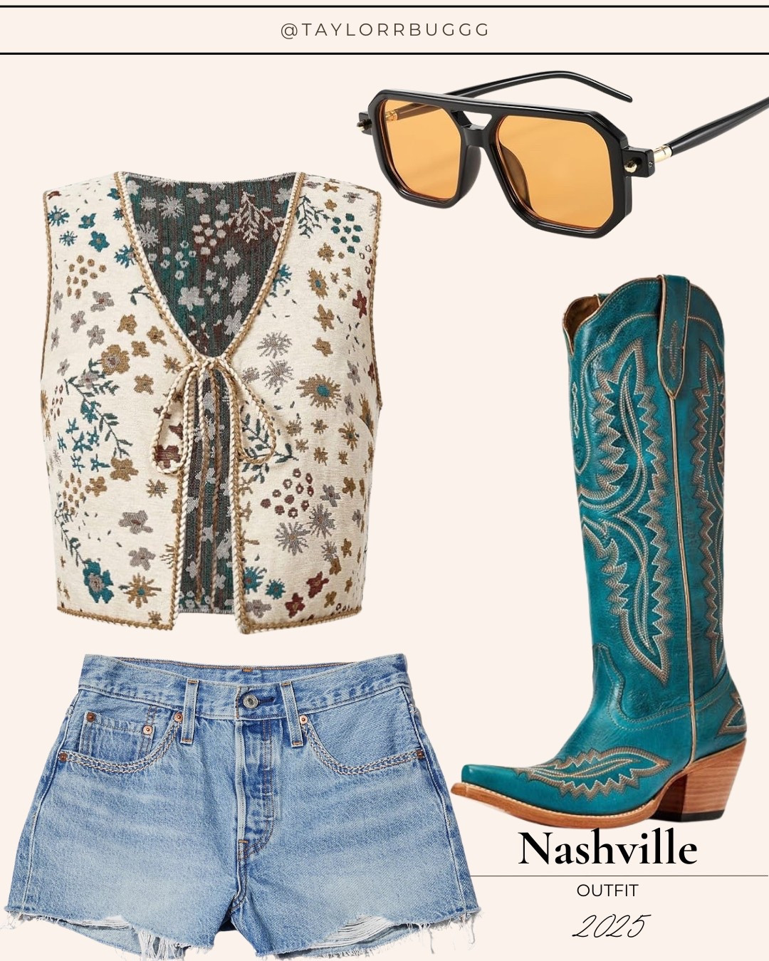 If you’re planning a trip to Nashville or need the perfect country concert outfit—this all-Amazon look is it!
Styled a cropped floral vest with high-rise denim shorts and finished it off with bold turquoise cowboy boots for a fun, western vibe. Don’t forget these retro amber sunglasses—a trendy touch that pulls the whole look together!

Everything is from Amazon & under one link!
Shop the full outfit below for your next country concert, Nashville bachelorette, or summer festival.

#AmazonFashion #NashvilleOutfit #CountryConcertStyle #WesternFashion #AmazonFinds #CowgirlBoots #SummerOutfitInspo #LTKConcertLook #FestivalOutfitIdeas #CowgirlVibes #AffordableWesternStyle #AmazonCowgirlFit #NashvilleTripLook

#LTKFestival #LTKStyleTip #LTKShoeCrush