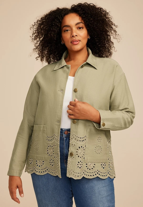 Plus Size Eyelet Scallop Hem Twill Jacket | Maurices