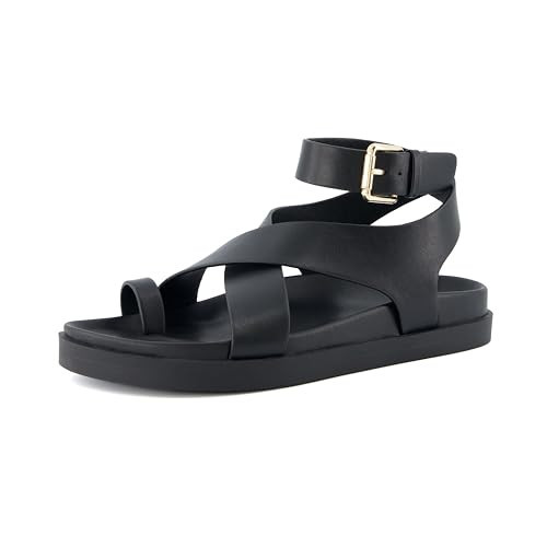 CUSHIONAIRE Entry Womens Ankle Wrap Molded Footbed Sandal with Adjustable Strap | Non-Slip Outsole | Womens Platform Sandals | Comfortable Summer Shoes | Wide Widths Available, BLACK 6.5W | Amazon (US)