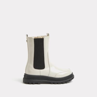 Girls cream patent pull on boots | River Island (UK & IE)