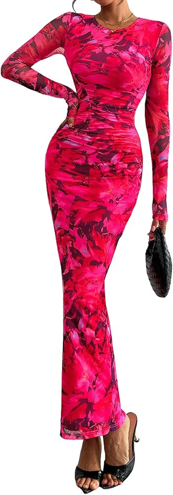 PRETTYGARDEN Wedding Guest Dresses for Women Spring Long Sleeve Ruched Bodycon Floral Mesh Cockta... | Amazon (US)