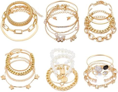 IFKM 6 PACK (24 PCS) Boho Gold Chain Bracelets Set for Women, 14K Gold Plated Multiple Layered St... | Amazon (US)
