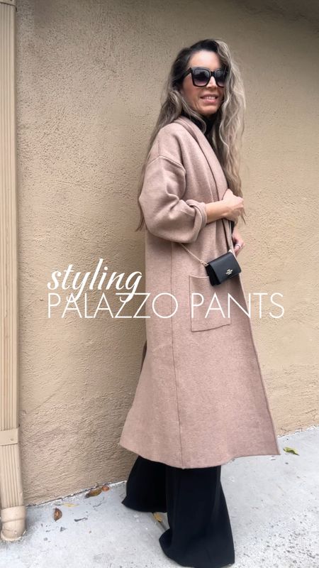 Black Palazzo wide leg pants are true to size, I’m wearing size 4
I’m 5’5” 122 lbs 

Camel cardigan is naturally oversized, and I’m wearing size XS

These black wide leg pants would be perfect for a Christmas dinner or Christmas party outfit even for NY outfit



#LTKVideo #LTKGiftGuide #LTKHoliday