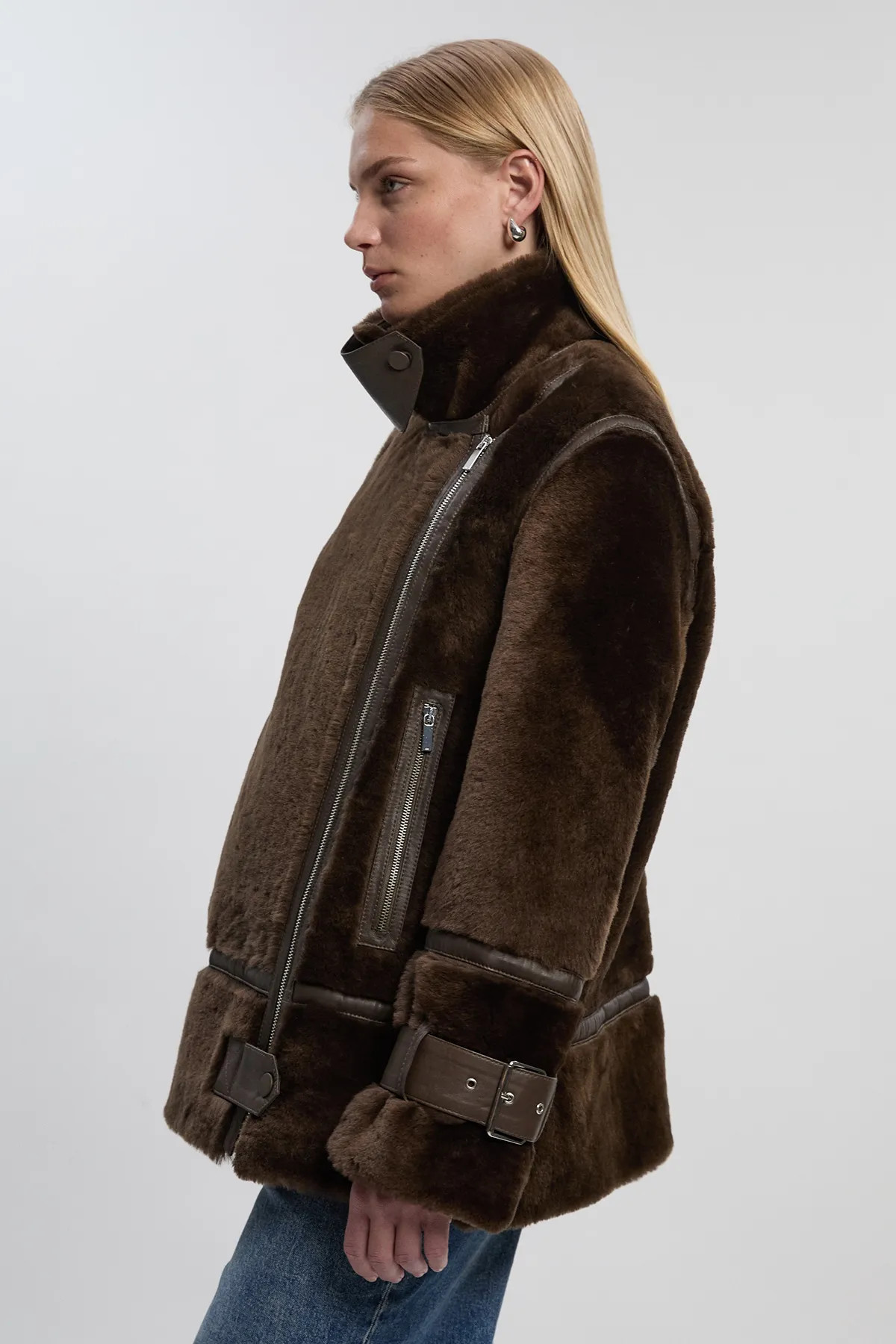 Shearling & Leather Tipped  High Neck Coat | Karen Millen UK + IE + DE + NL