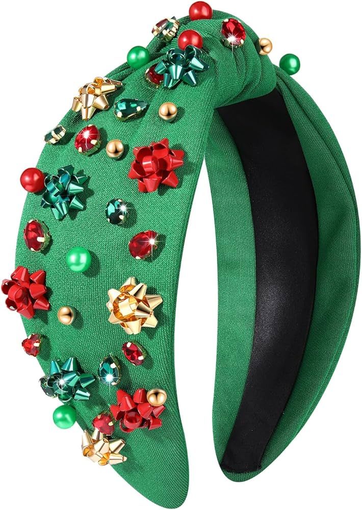 NVENF Christmas Headband for Women Jeweled Xmas Plaid Headband Embellished Crystal Pearl Knotted ... | Amazon (US)