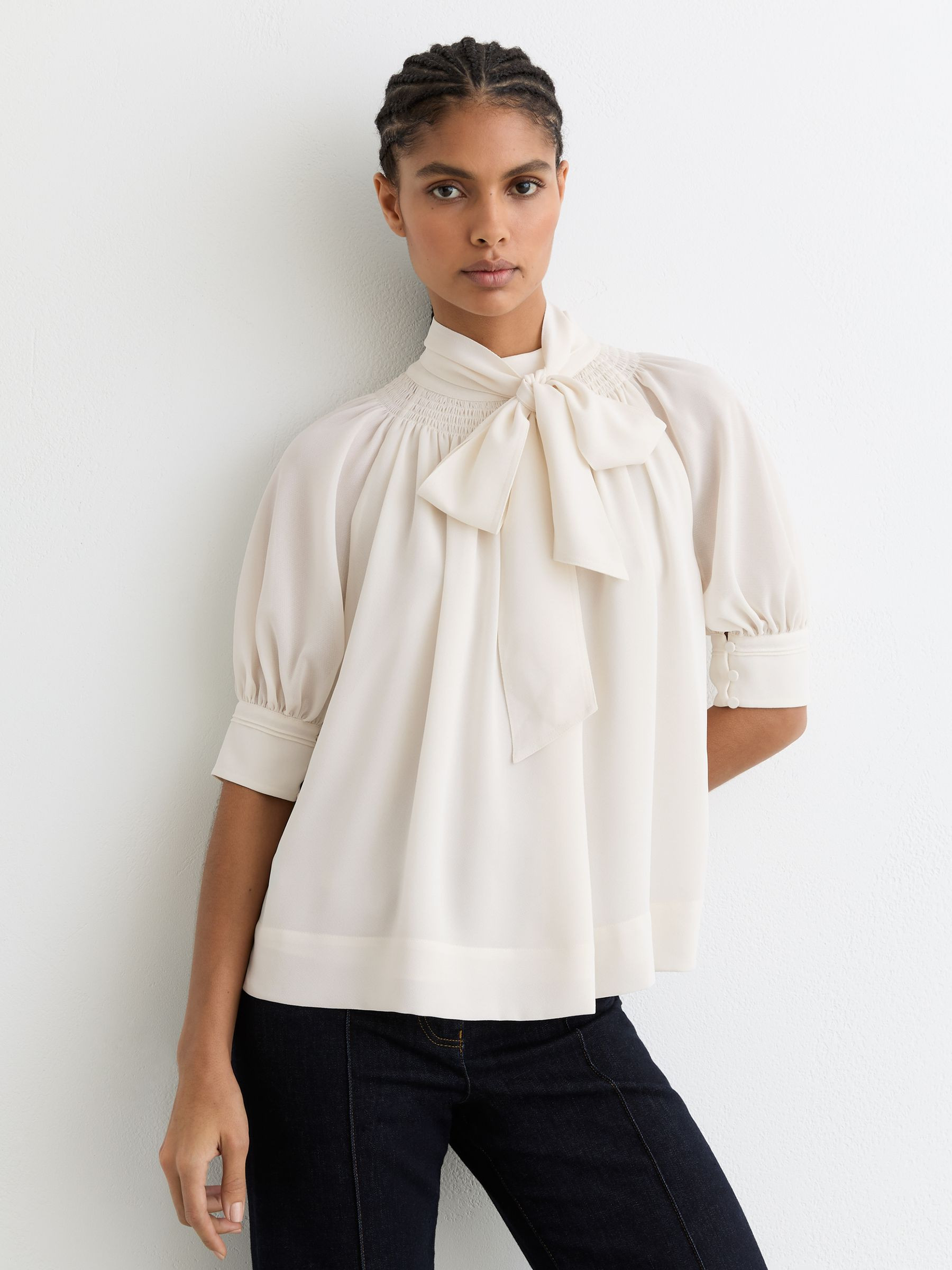 Reiss Tie-Neck Short-Sleeve Blouse in Ivory - REISS | Reiss UK