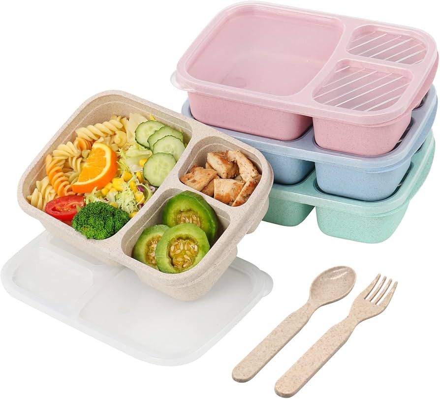PUiKUS 4 Pack Bento Lunch Box, 3 Compartment Meal Prep Containers, Lunch Box Containers for Kids ... | Amazon (US)