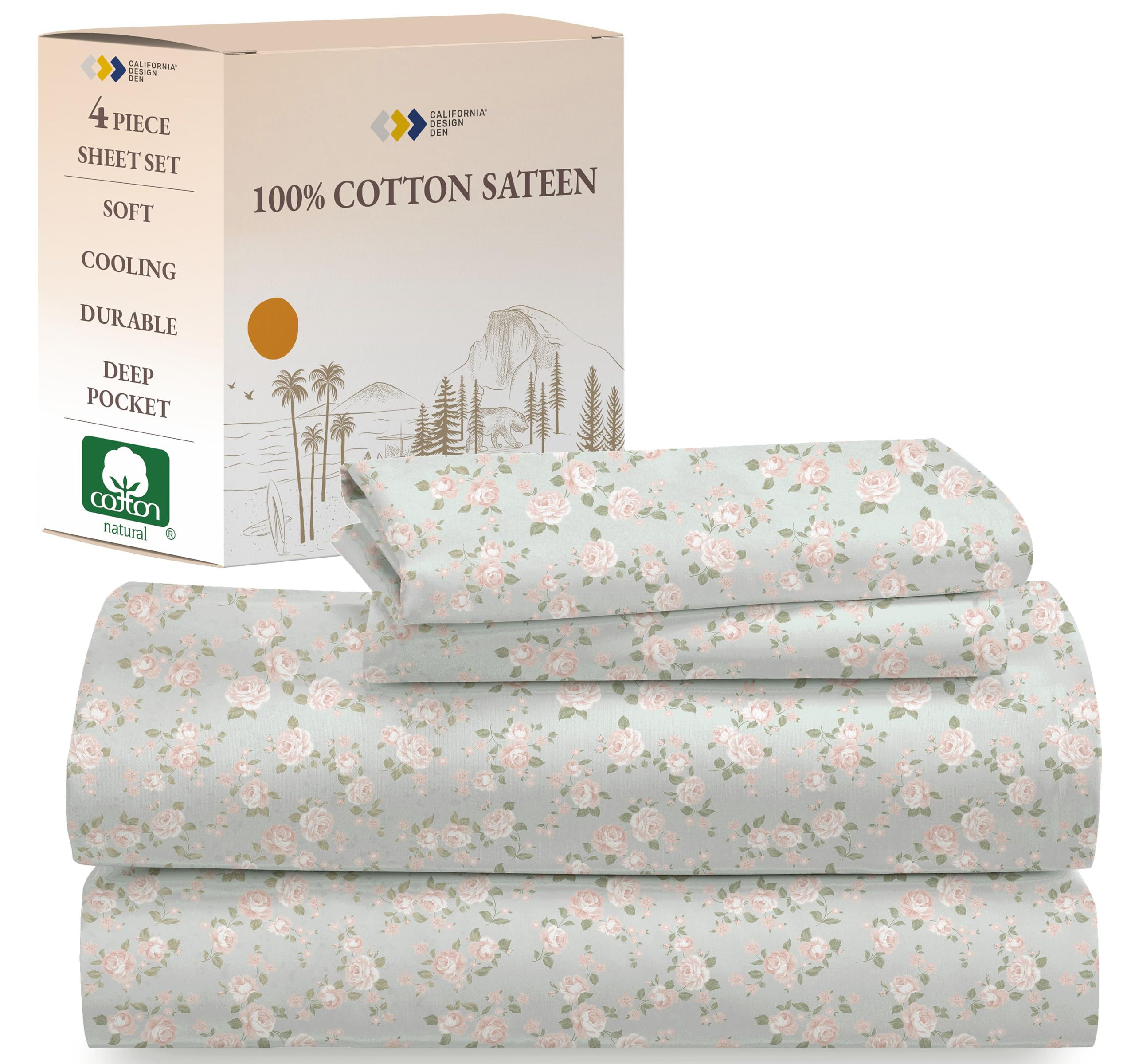 California Design Den Printed Pattern Rose Queen Sheet Set, 100% Cotton Sateen Deep Pocket Queen ... | Amazon (US)