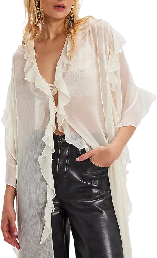 NUFIWI Women Frill Sheer Kimono Half Sleeve Ruffle Top See Through Flowy Blouse Shirt Side Split ... | Amazon (US)