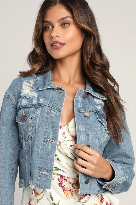 Moving Up Medium Wash Distressed Cropped Denim Jacket | Lulus (US)