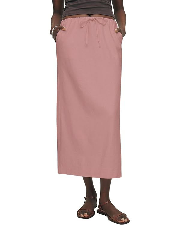 IDEALSANXUN Womens Cotton Linen Skirts Trendy Elastic Waist Drawstring Long Skirts with Slit | Amazon (US)