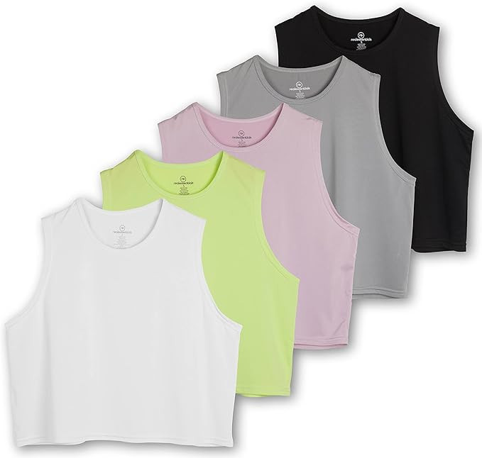 Real Essentials 5 Pack: Women's Dry Fit Crop Summer Tank Top - Gym Yoga Workout Sports Tee (Avail... | Amazon (US)
