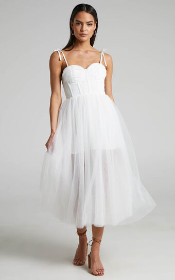 Aisha Midi Dress - Bustier Bodice Tulle Dress in White | Showpo (ANZ)