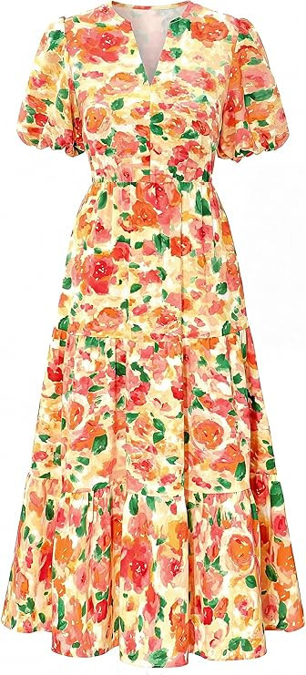 dowerme Womens Summer Dresses 2026 Casual Puff Short Sleeve V Neck Floral Boho Tiered Ruffle Maxi... | Amazon (US)