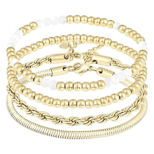 RDISOR Gold Bracelets for Women, 14K Gold Plated Beaded Bracelets Gold Stretch Bead Ball Bracelet stack Set Adjustable Gold Jewelry Fashion Accessories for Women men | Amazon (US)