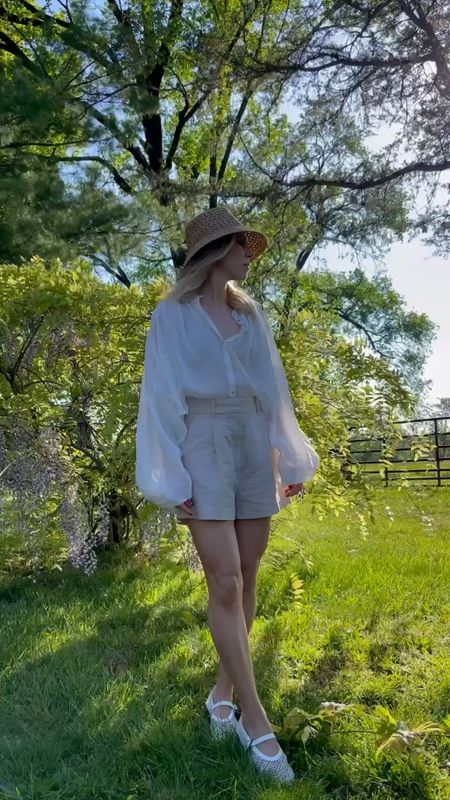 White blouse, linen shorts, mesh ballet flats, net shoes, straw hat, neutral summer vacation outfit 

#LTKFindsUnder100 #LTKVideo #LTKShoeCrush