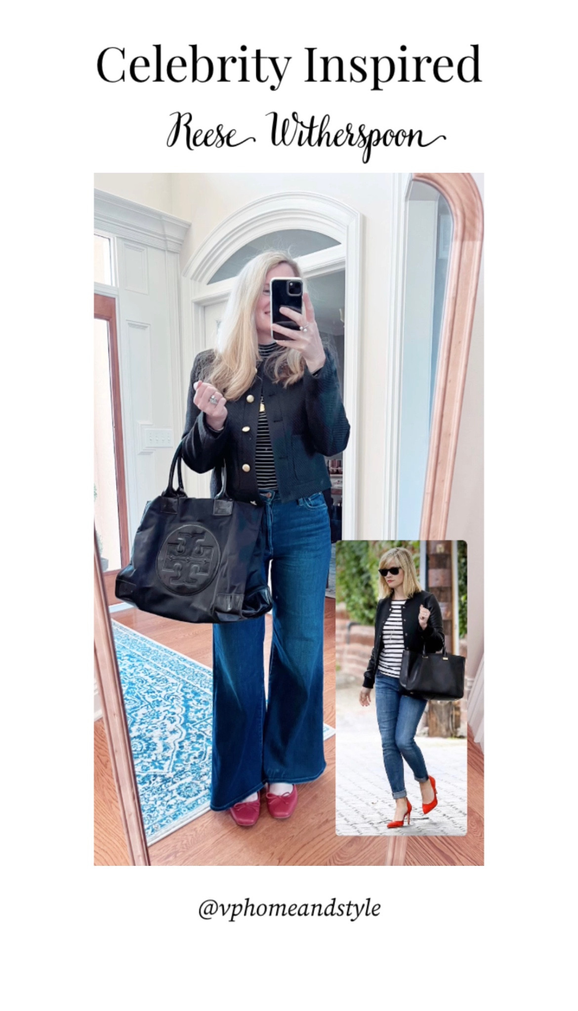 Sharing an updated version of this cute Reese Witherspoon look! I love adding a fun shoe to a classic outfit, gives it a little something extra 😉 👠 Whose style would you like to me to recreate next?! 

Celebrity outfit, lady jacket, wide leg jeans, mother jeans, ballet flats, red flats, Tory Burch tote, fall outfit, casual outfit 

#LTKsalealert #LTKworkwear #LTKstyletip