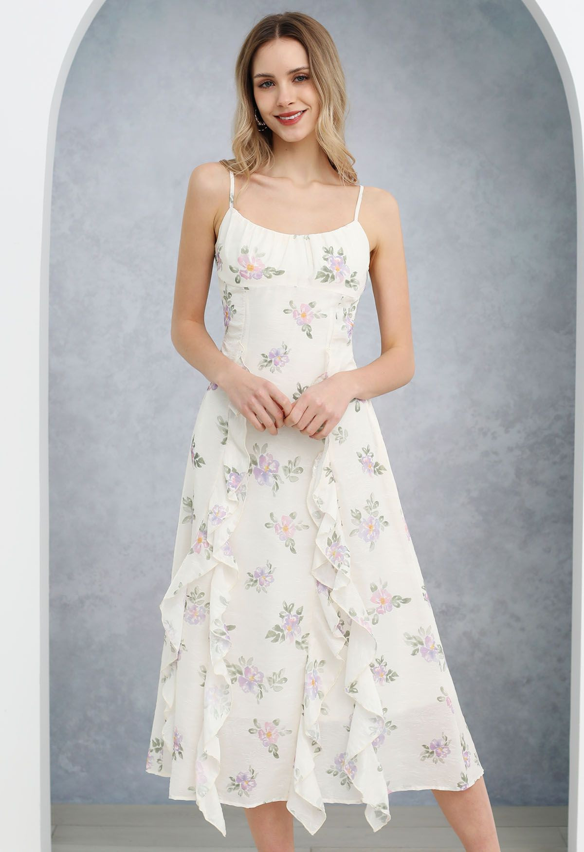 Watercolor Floral Ruffle Trim Cami Dress in Lilac | Chicwish