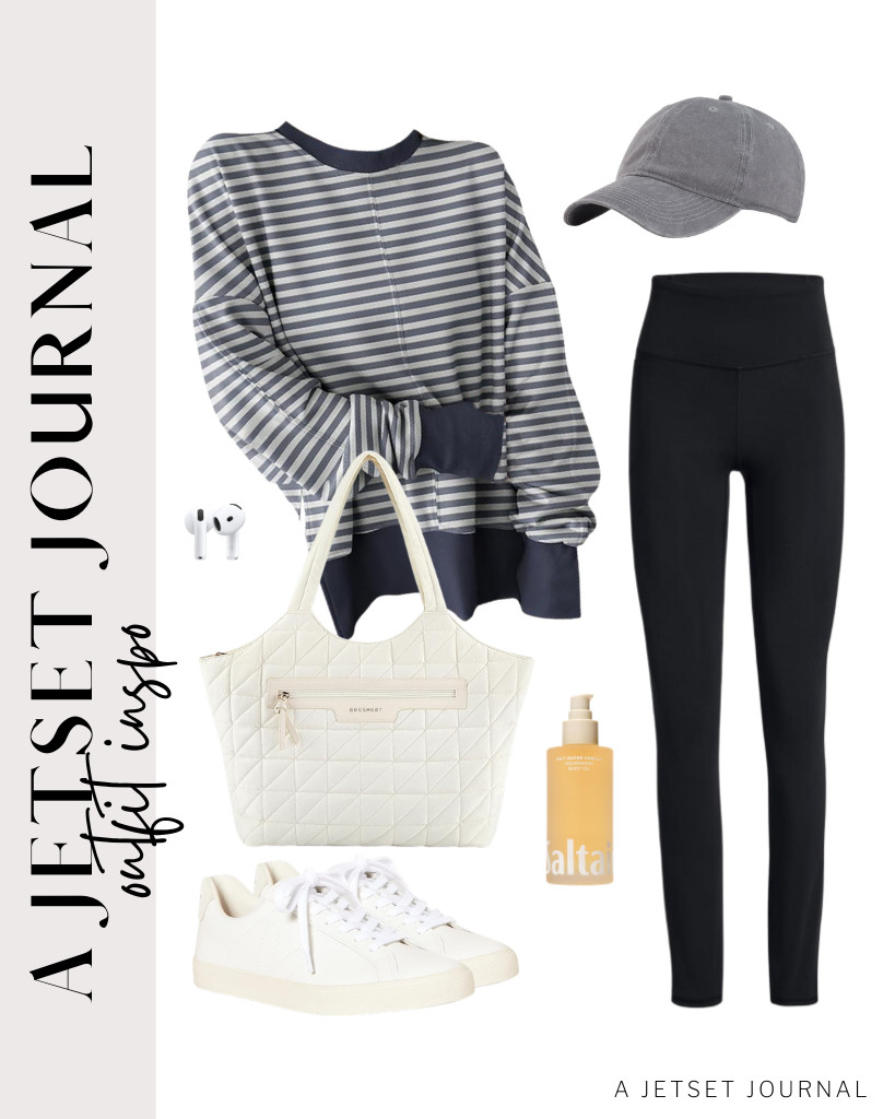 If you love stripes, this crewneck sweatshirt is perfect. It goes well with cozy black leggings and these Veja sneakers. Style it with the BAGSMART quilted tote bag and baseball cap. 

 #LTKSeasonal #LTKSaleAlert #LTKTravel