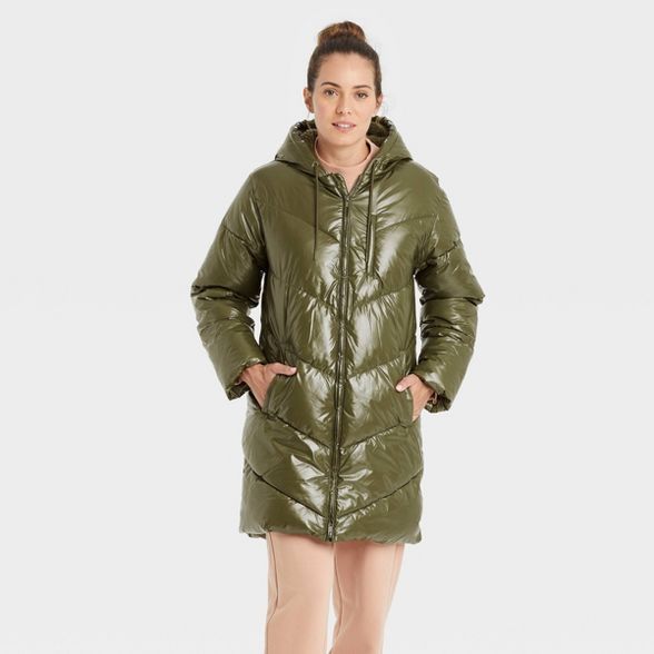 Women's Mid Length Wet Look Puffer Jacket - A New Day™ | Target