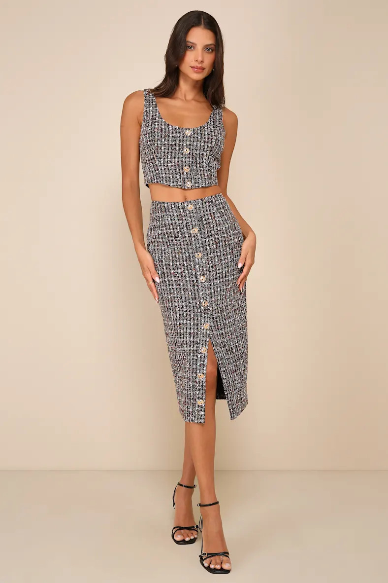 Charming Icon Black Tweed Lurex Sleeveless Button-Front Top | Lulus