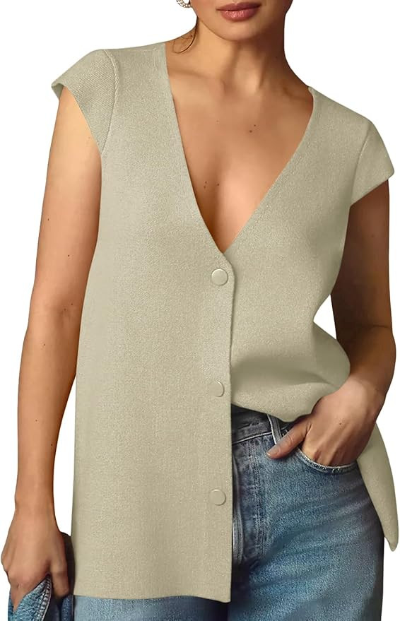 Saodimallsu Womens Deep V Neck Sweater Vest Sleeveless Knit Button Up Loose Fit Cap Sleeve Trendy... | Amazon (US)