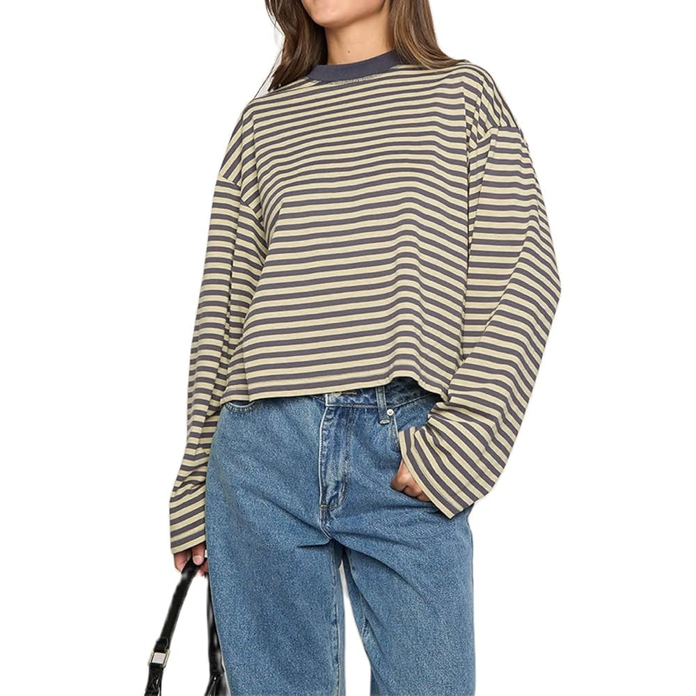 Women Y2k Long Sleeve Fairy Grunge Striped Baggy Tees Shirts 2000s Emo Aesthetic Sweater Crop Top... | Amazon (US)